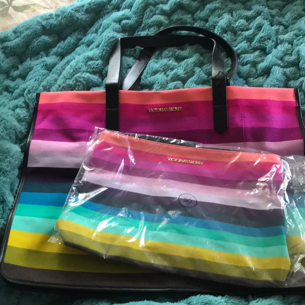 Rainbow beach bag and matching pouch